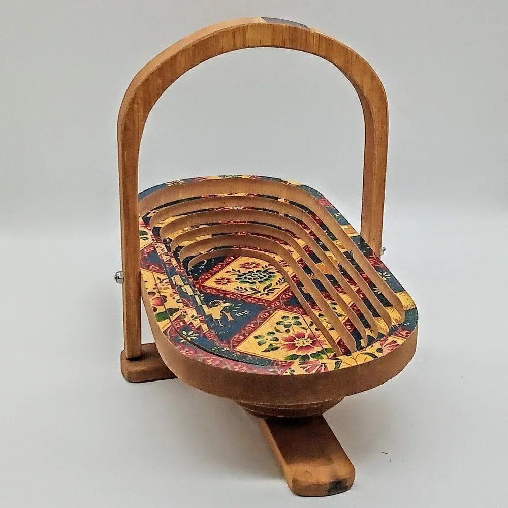 Collapsible Oval Wood Red Green Farmhouse Painted Basket